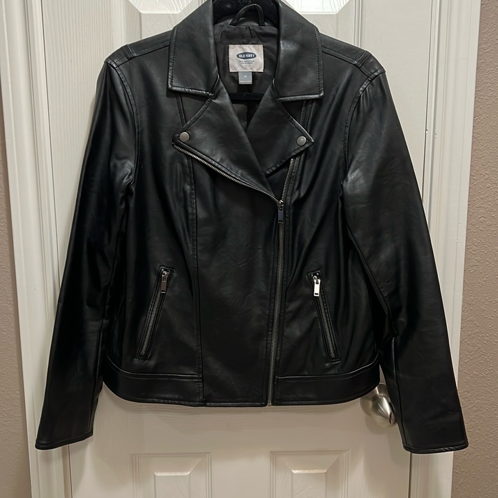 Old Navy Black Leather Zipper Biker Moto Jacket w/Front Zipper Pockets, Medium